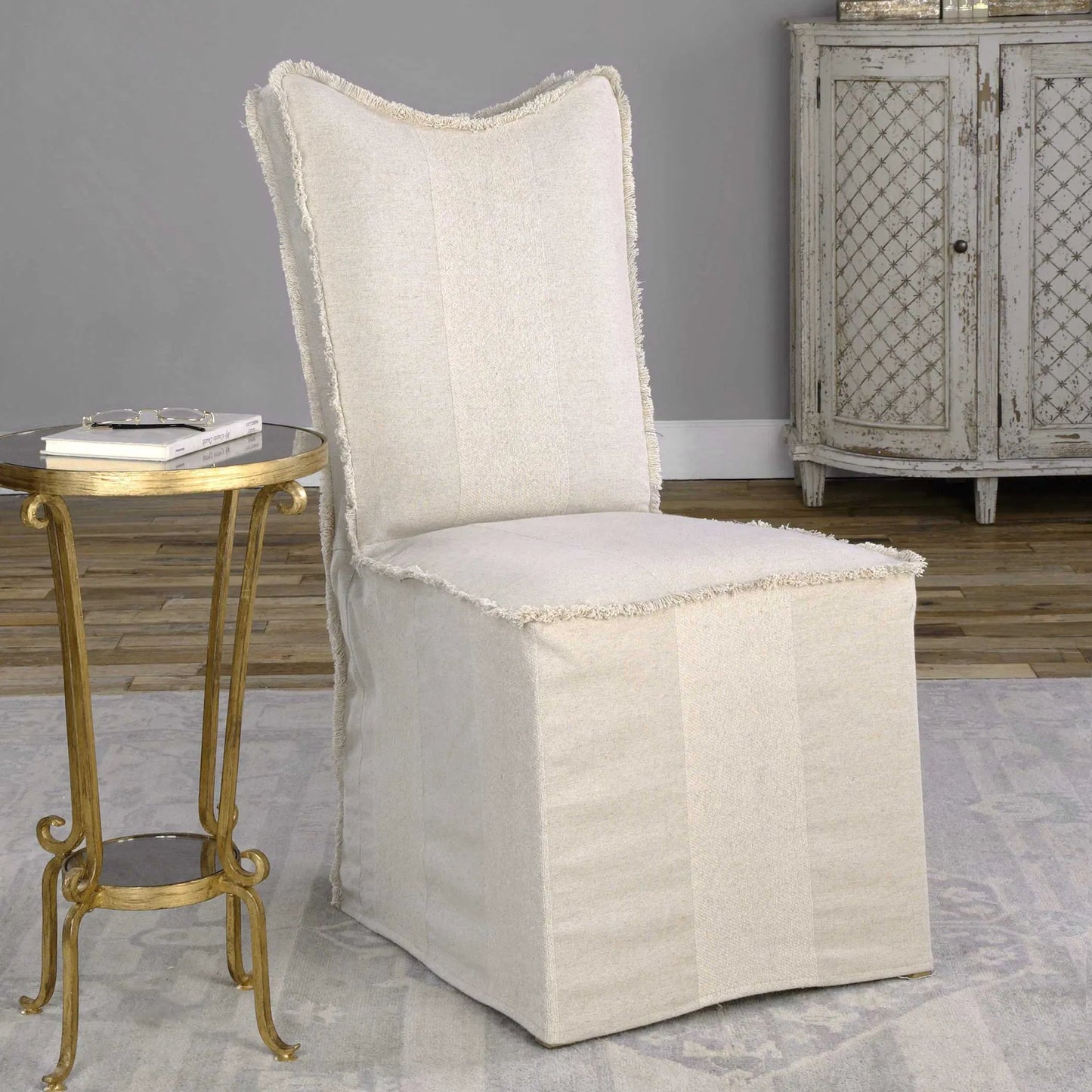 002 SR-897280 | Lifestyle | Lenore Armless Chair (Set of 2) by Uttermost in flax. Made from linen, rayon, cotton in a cottage & farmhouse style.