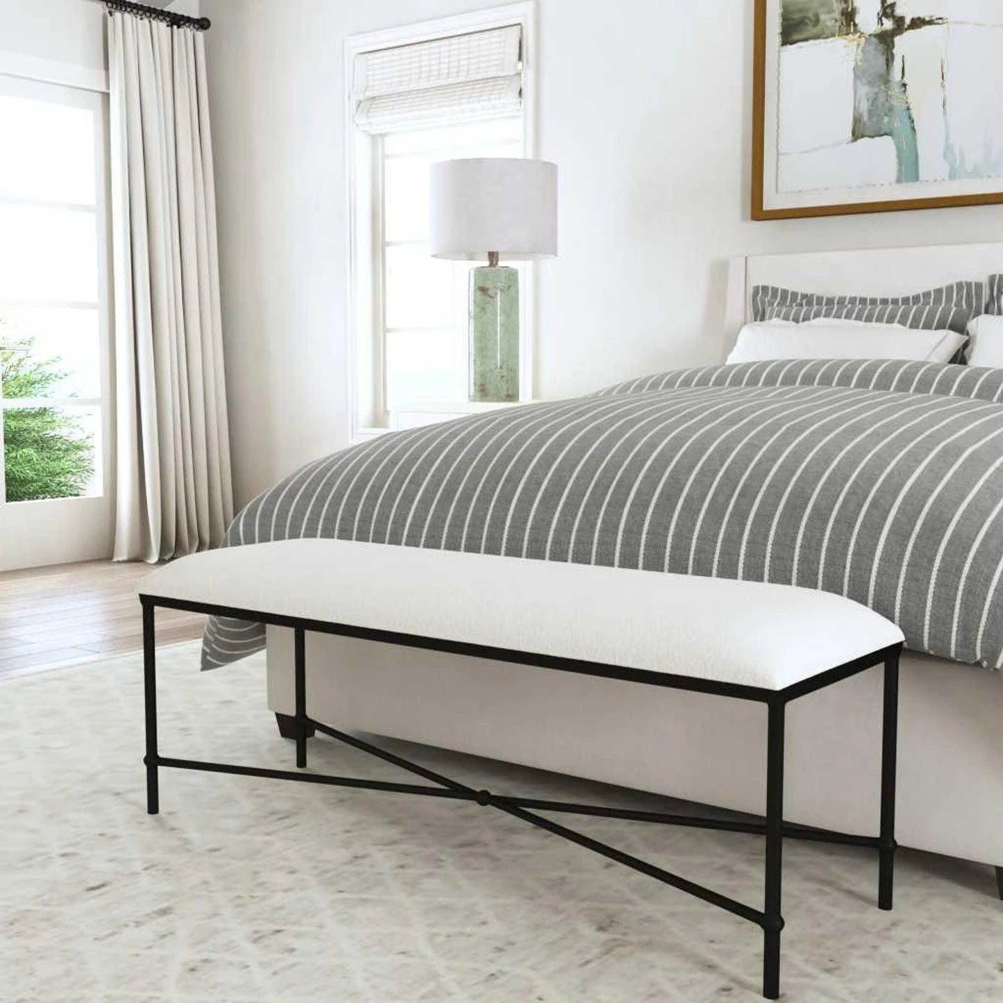 013 SI-1923674 | Lifestyle | Avenham Bench by Uttermost in satin black. Made from foam, fabric, mdf, iron in a coastal style.