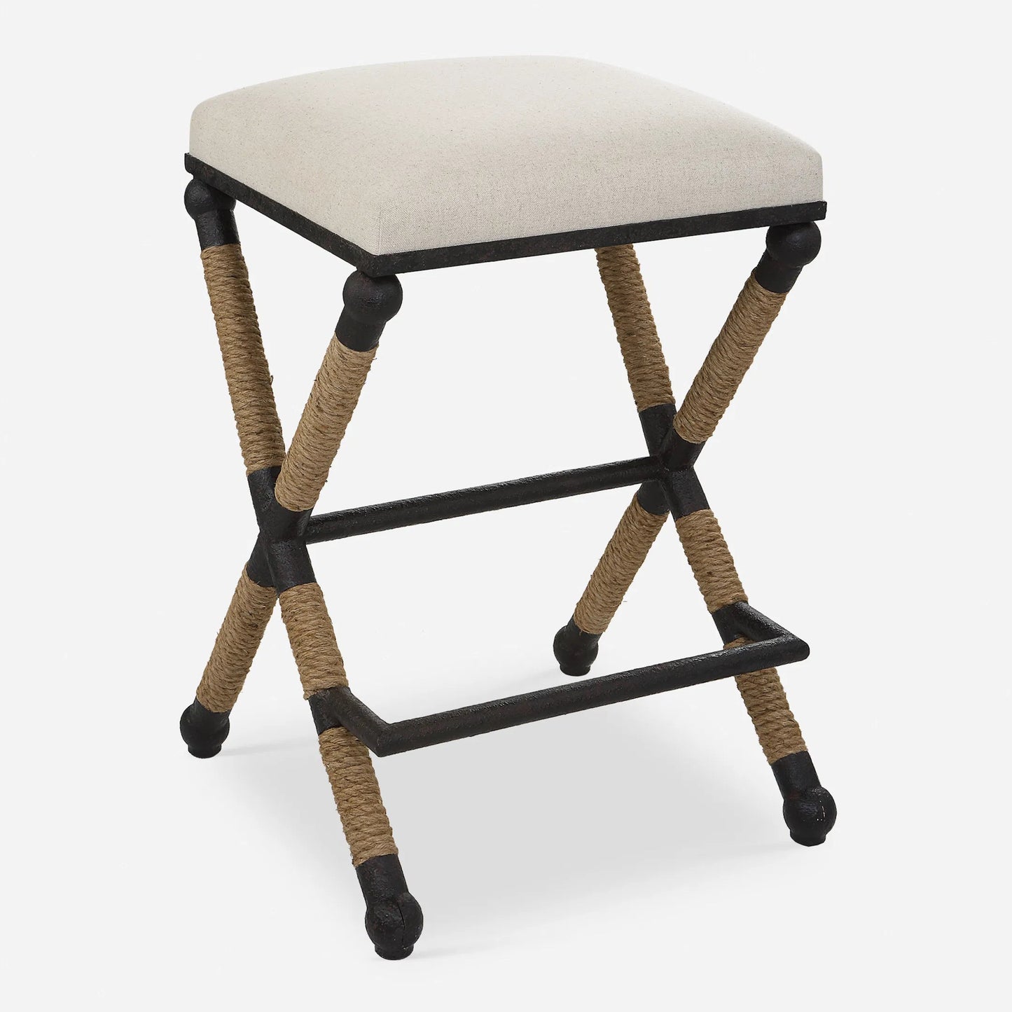 002 SI-1923686 | Primary Silo | Firth Rustic Oatmeal Counter Stool by Uttermost in black, natural. Made from mdf, farbic, iron, foam, rope in a coastal style.