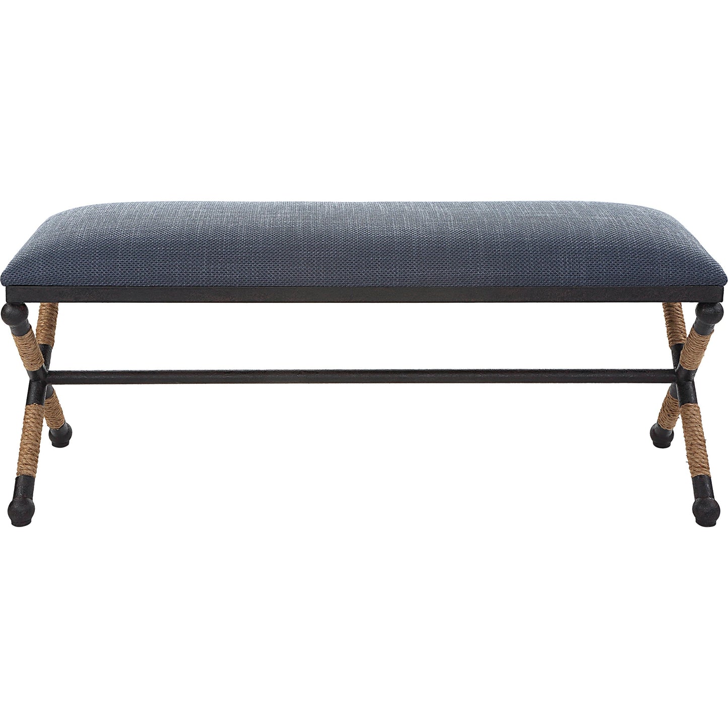 001 SI-1923690 | Primary Silo | Firth Rustic Navy Bench by Uttermost in black, natural. Made from mdf, foam, fabric, iron, rope in a coastal style.