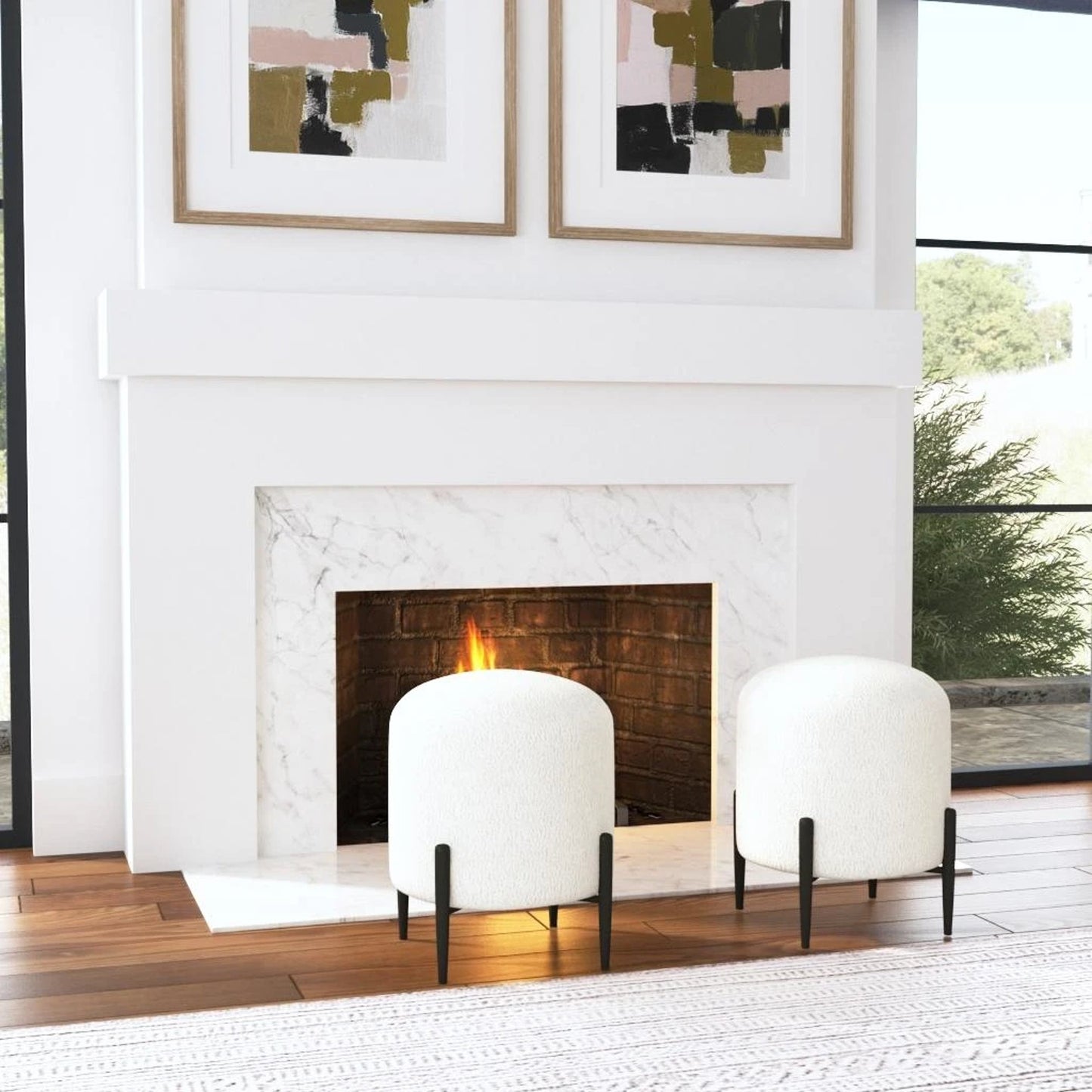 008 SI-1923692 | Lifestyle | Arles Ottoman by Uttermost in white and satin black. Made from hardwood, plywood, fabric, foam in a transitional style.
