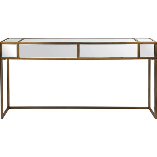 Reflect Console Table by Uttermost in brushed aged gold. Made from iron, glass, mdf in a modern style.