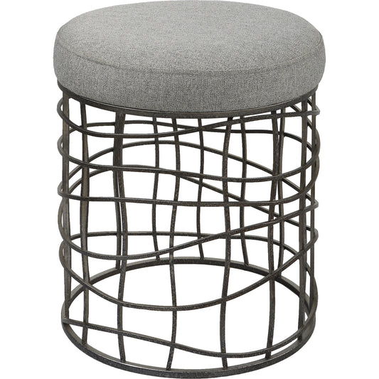 Carnival Accent Stool by Uttermost in gray and burnished silver. Made from iron, foam, fabric, mdf in a modern style.