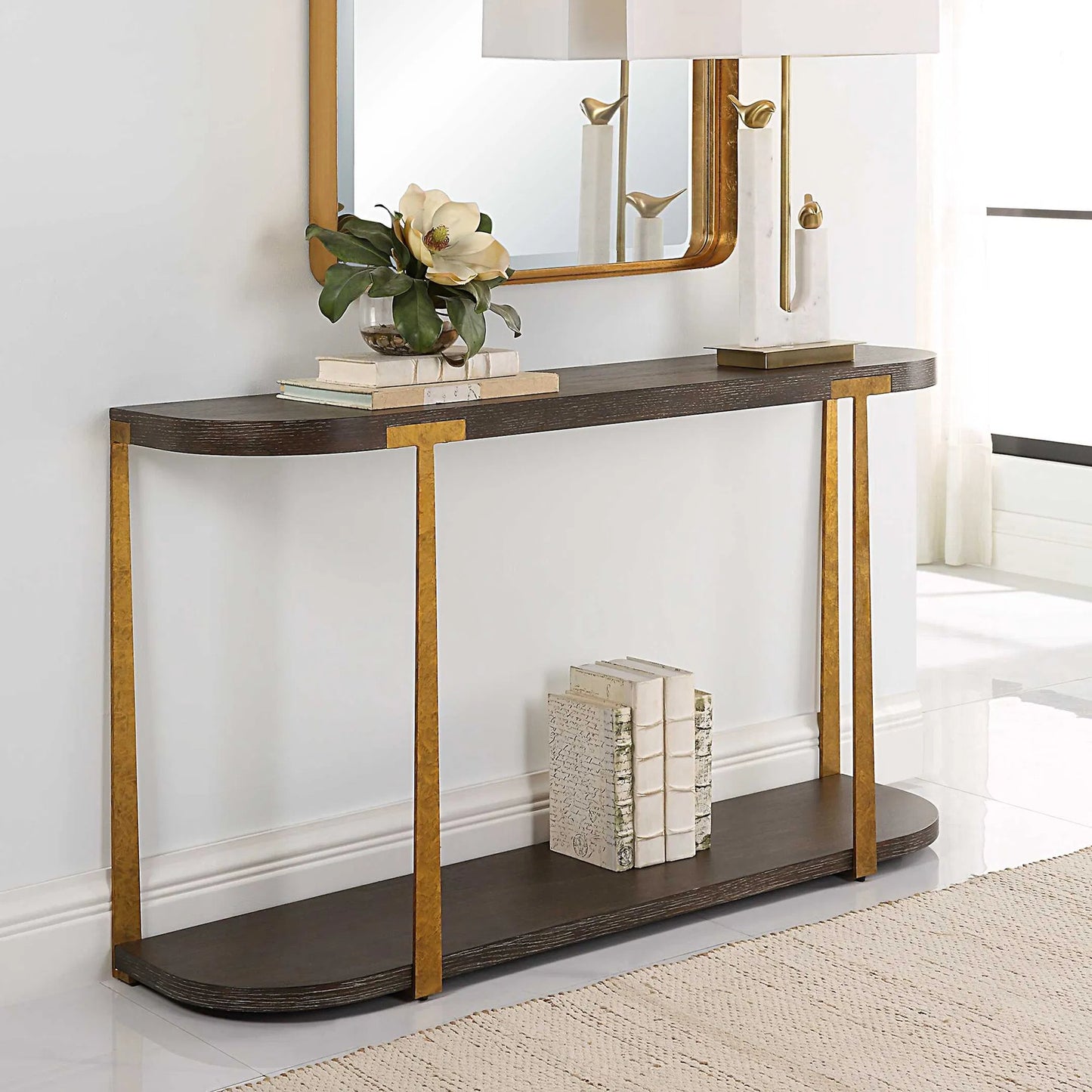 007 SI-1981381 | Closeup | Palisade Console Table by Uttermost in coffee, antique gold. Made from mdf, oak veneer, metal in a modern style.