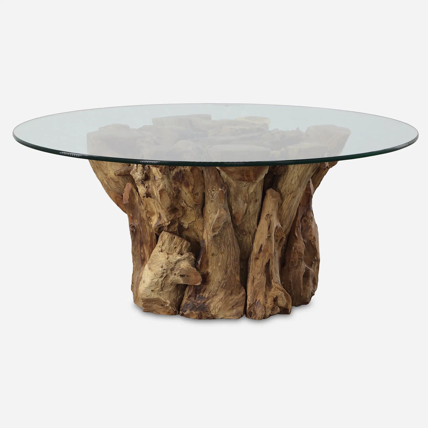 002 SI-1981280 | Primary Silo | Driftwood Coffee Table by Uttermost. Made from teak root, glass in a rustic style.