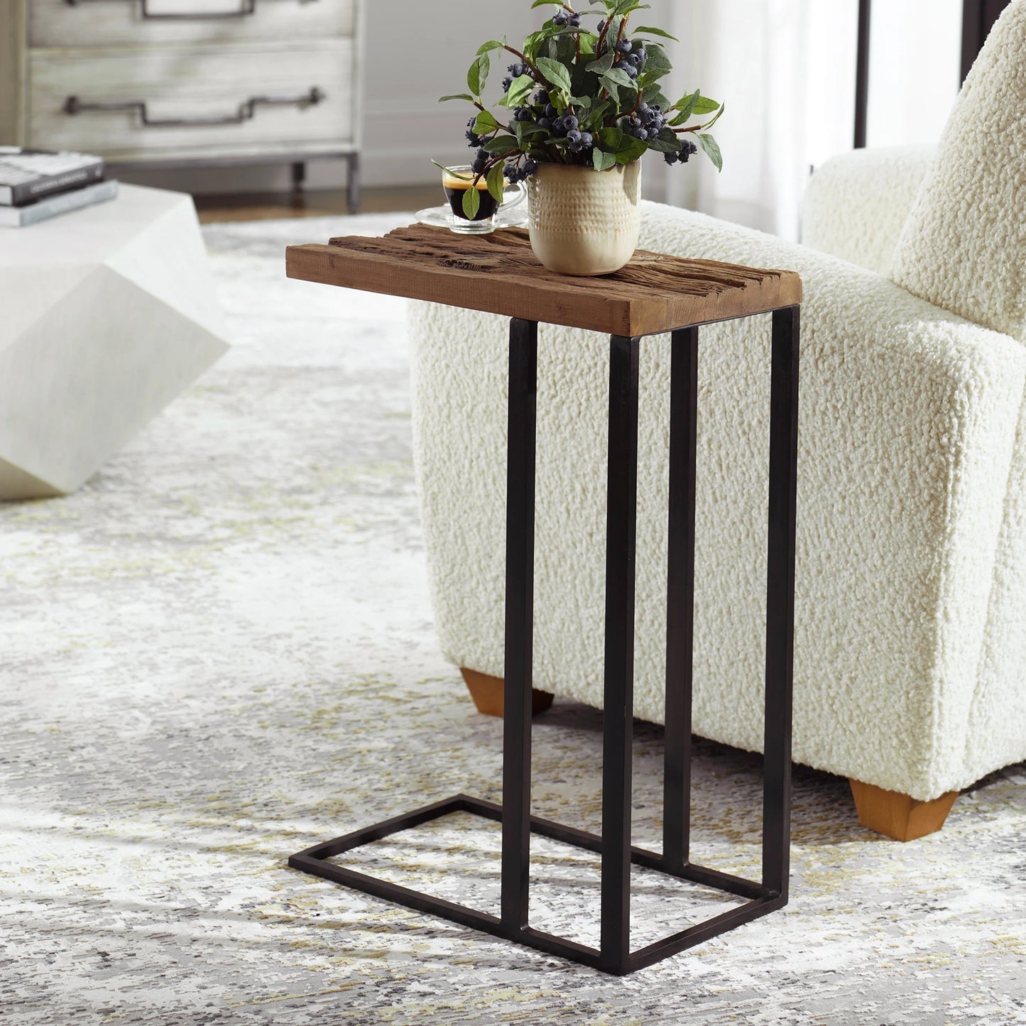 009 SI-2016430 | Closeup | Union Accent Table by Uttermost in rustic brown. Made from wood, iron in a modern style.