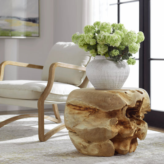 Sola Handcrafted Side Table by Uttermost in teak. Made from teak wood in a rustic style.