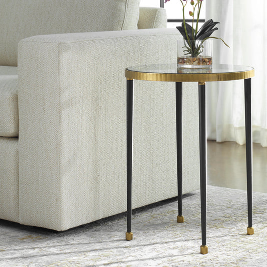 Stiletto Side Table by Uttermost in antiqued gold. Made from iron, glass in a modern style.