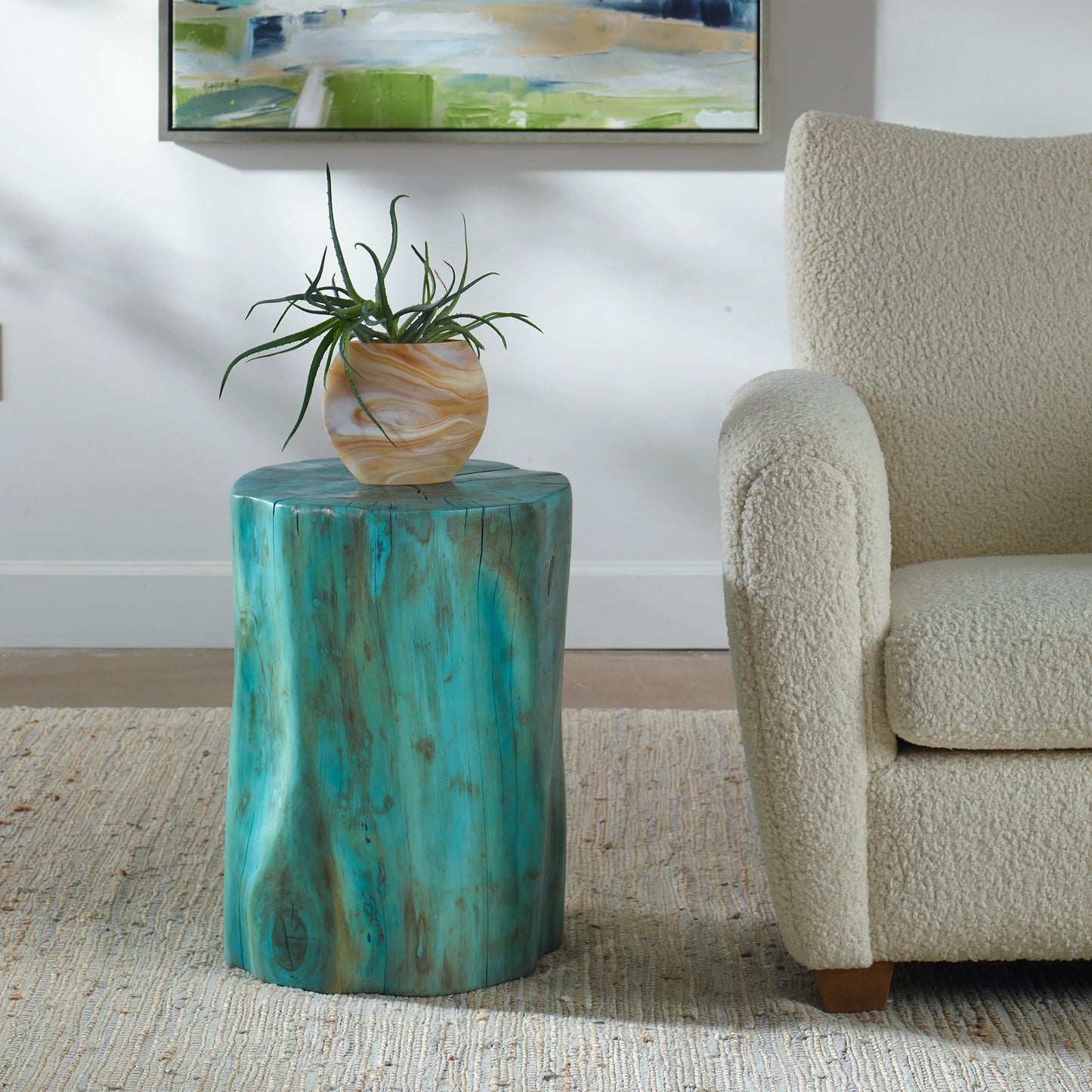 004 SI-2146831 | Lifestyle | Habitat Accent Stool by Uttermost in blue-green. Made from tamarind wood in a rustic style.