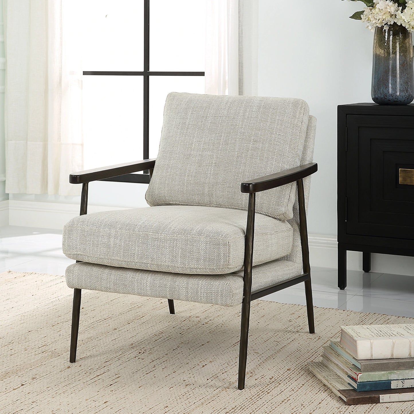 010 SI-2146867 | Lifestyle | Sebastian Accent Chair by Uttermost in ivory, beige and dark bronze, dark walnut. Made from iron, oak, fabric, foam, down, plywood in a modern style.