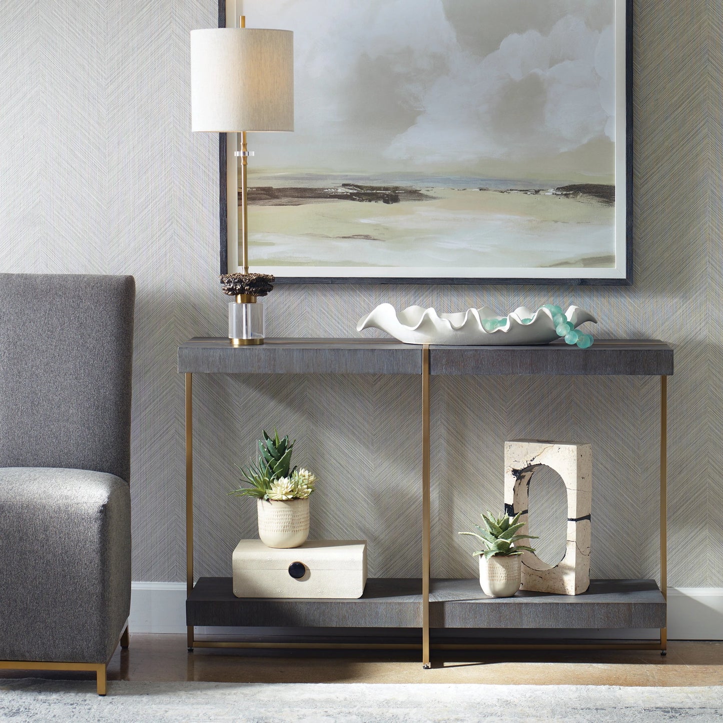 004 SI-2146847 | Lifestyle | Taja Console Table by Uttermost in dark walnut. Made from mdf, veneer, stainless steel in a modern style.