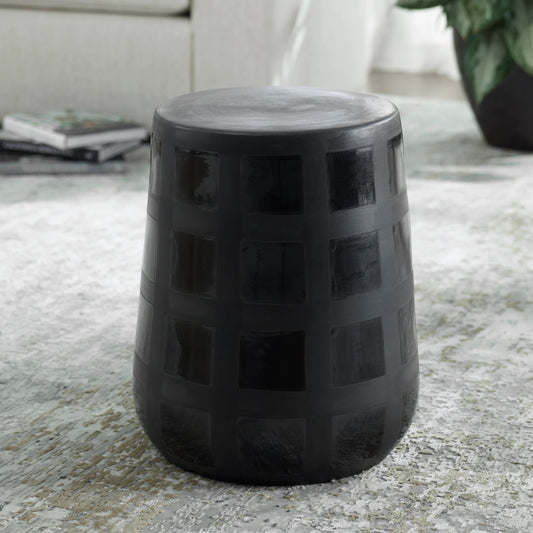 Patchwork Gridded Garden Stool by Uttermost in black. Made from earthenware in a modern style.