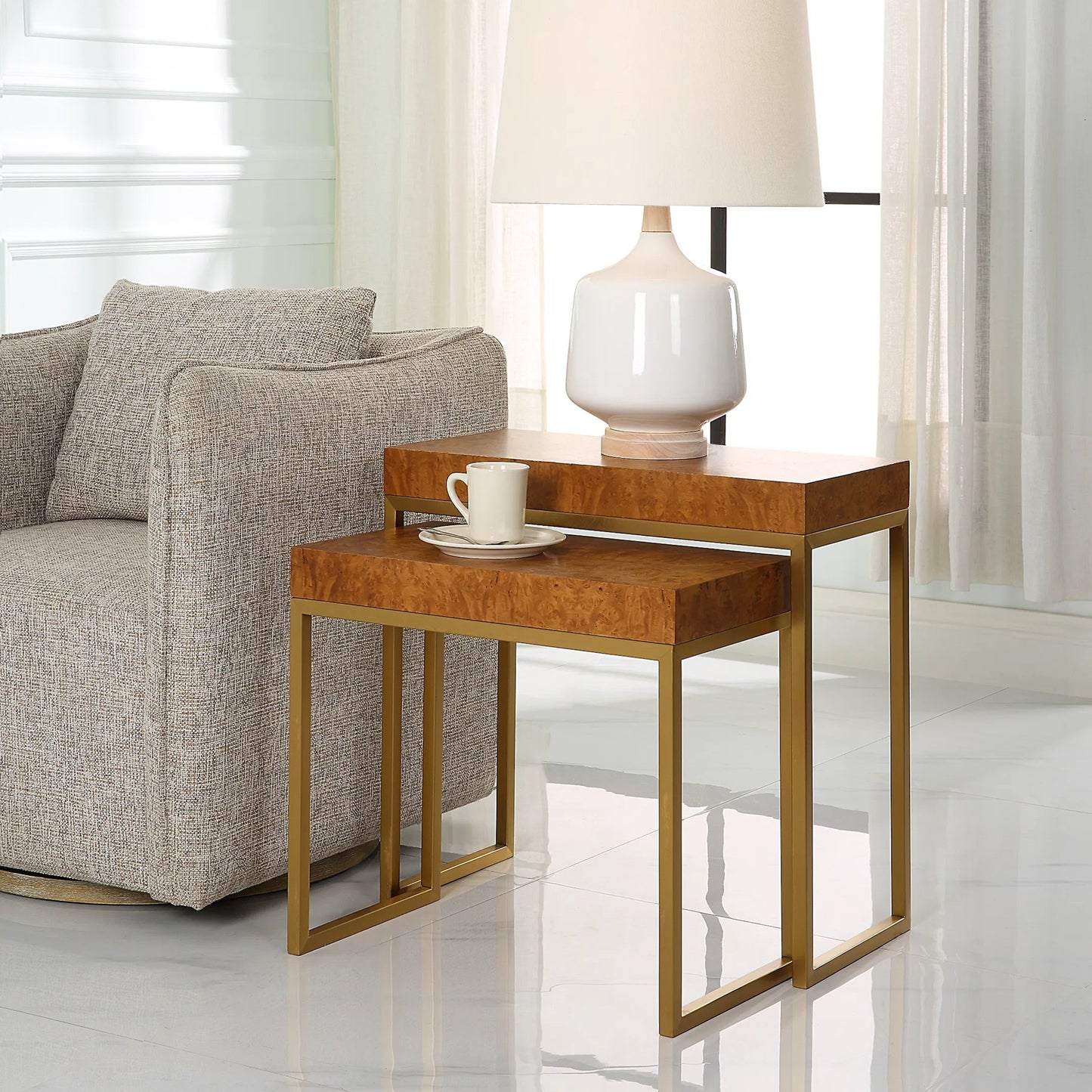 002 SI-2262229 | Lifestyle | Burl-Esque Nesting Tables by Uttermost in brass. Made from plywood, stainless steel in a unique style.