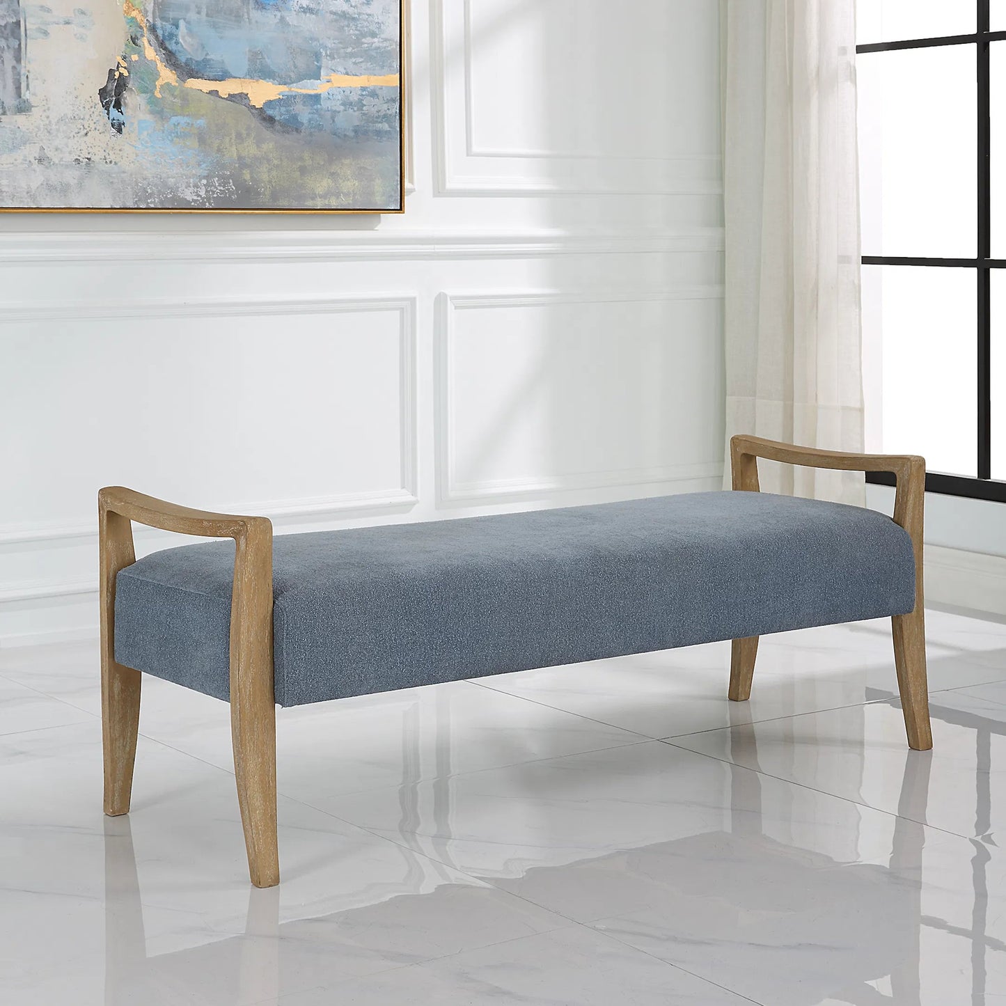 003 SI-2262257 | Lifestyle | Daylight Sky Bench by Uttermost in blue. Made from rubber wood, plywood, fabric, foam in a unique style.