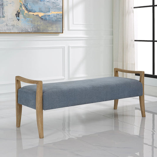 Daylight Sky Bench by Uttermost in blue. Made from rubber wood, plywood, fabric, foam in a transitional style.