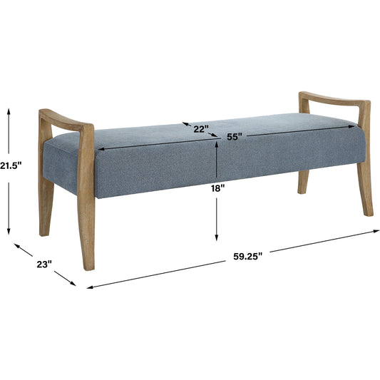 Daylight Sky Bench by Uttermost in blue. Made from rubber wood, plywood, fabric, foam in a transitional style.