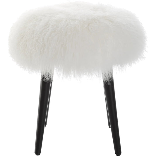 Wooly Sheepskin Accent Stool by Uttermost in black. Made from rubber wood, real sheepskin, foam, plywood in a modern style.
