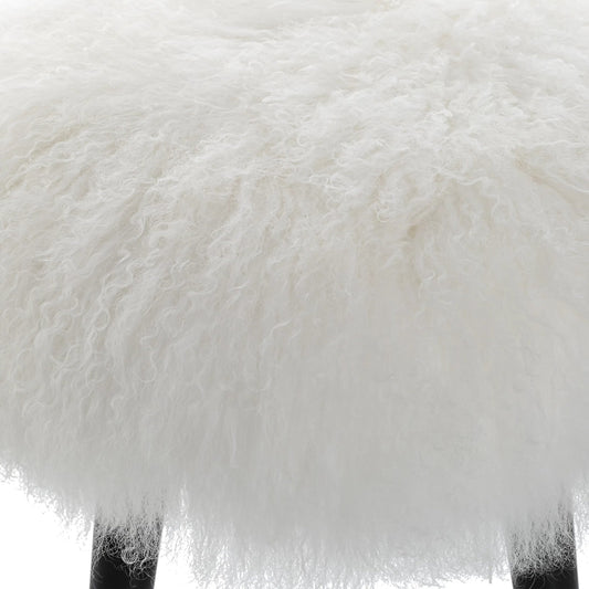 Wooly Sheepskin Accent Stool by Uttermost in black. Made from rubber wood, real sheepskin, foam, plywood in a modern style.