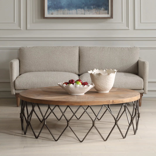 Chain Reaction Coffee Table by Uttermost in iron. Made from old fir, plywood, iron in a transitional style.