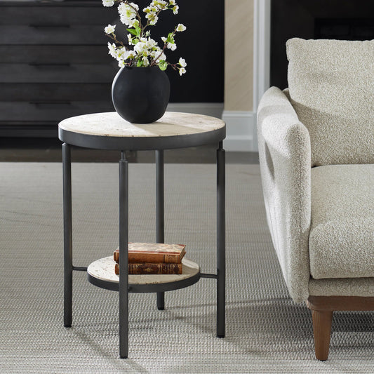 Dauntless Travertine Side Table by Uttermost in black. Made from metal with stone, plywood in a modern style.