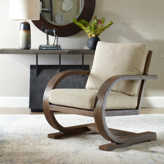 Bedrich Accent Chair by Uttermost in gray. Made from upholstery with mango wood, veneer in a transitional style.
