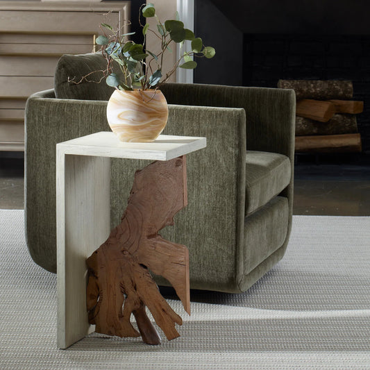 Intersect Modern Accent Table by Uttermost in teak. Made from mindi wood, teak root wood in a cottage & farmhouse style.