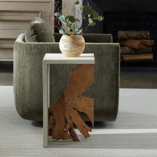 Intersect Modern Accent Table by Uttermost in teak. Made from mindi wood, teak root wood in a cottage & farmhouse style.