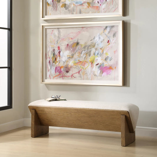 Wedged Fabric Bench by Uttermost in ivory. Made from plywood, oak veneer, foam, fabric in a transitional style.
