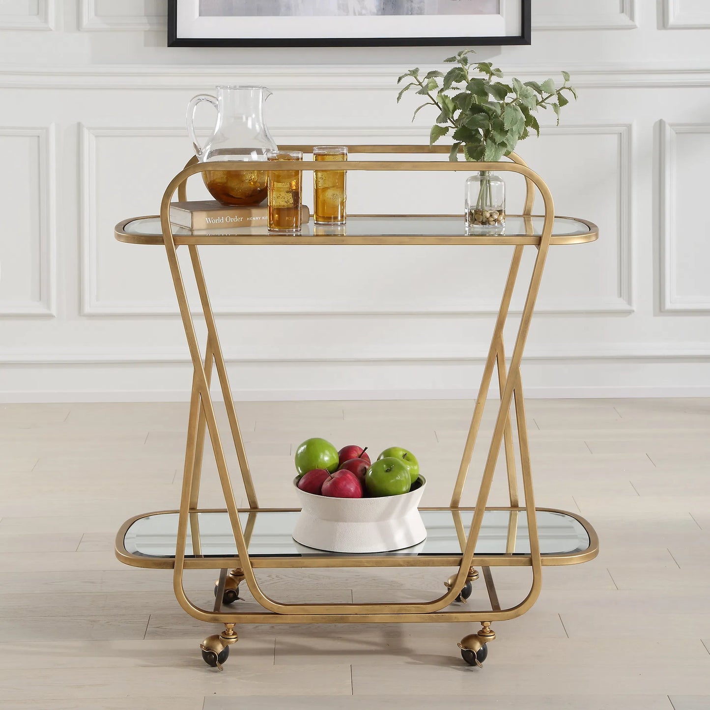 003 SI-2262224 | Lifestyle | Swain Serving Cart by Uttermost in brass. Made from iron, glass, mirror in a transitional style.