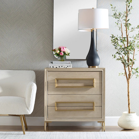 Alessia Accent Chest by Uttermost in brass. Made from mdf, oak veneer, stainless steel in a transitional style.