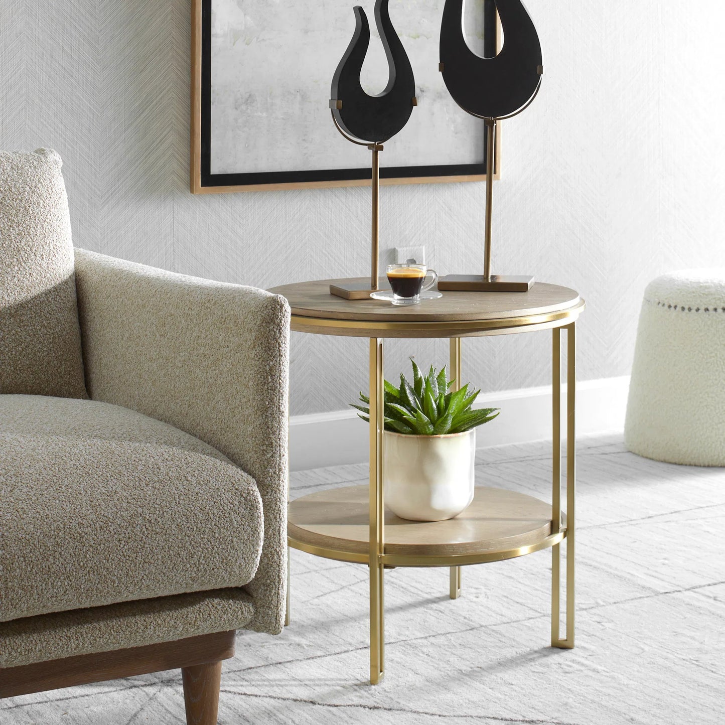 003 SI-2262352 | Lifestyle | Elise Round Side Table by Uttermost in brass. Made from stainless steel, mdf, oak venner in a transitional style.