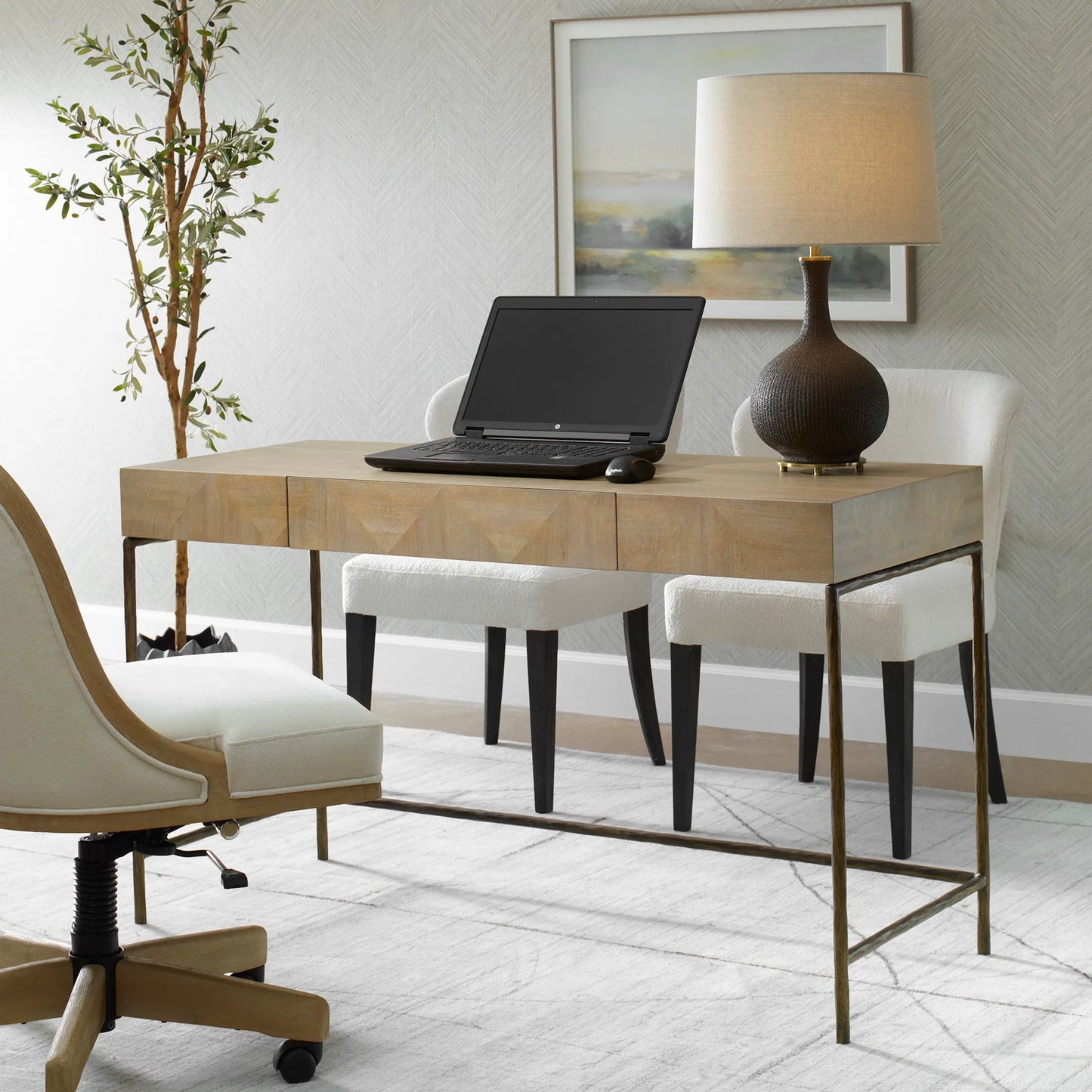 007 SI-2262322 | Lifestyle | Aristotle Natuiral Modern Desk by Uttermost in gold. Made from cast iron, mdf, pramavera veneer in a transitional style.