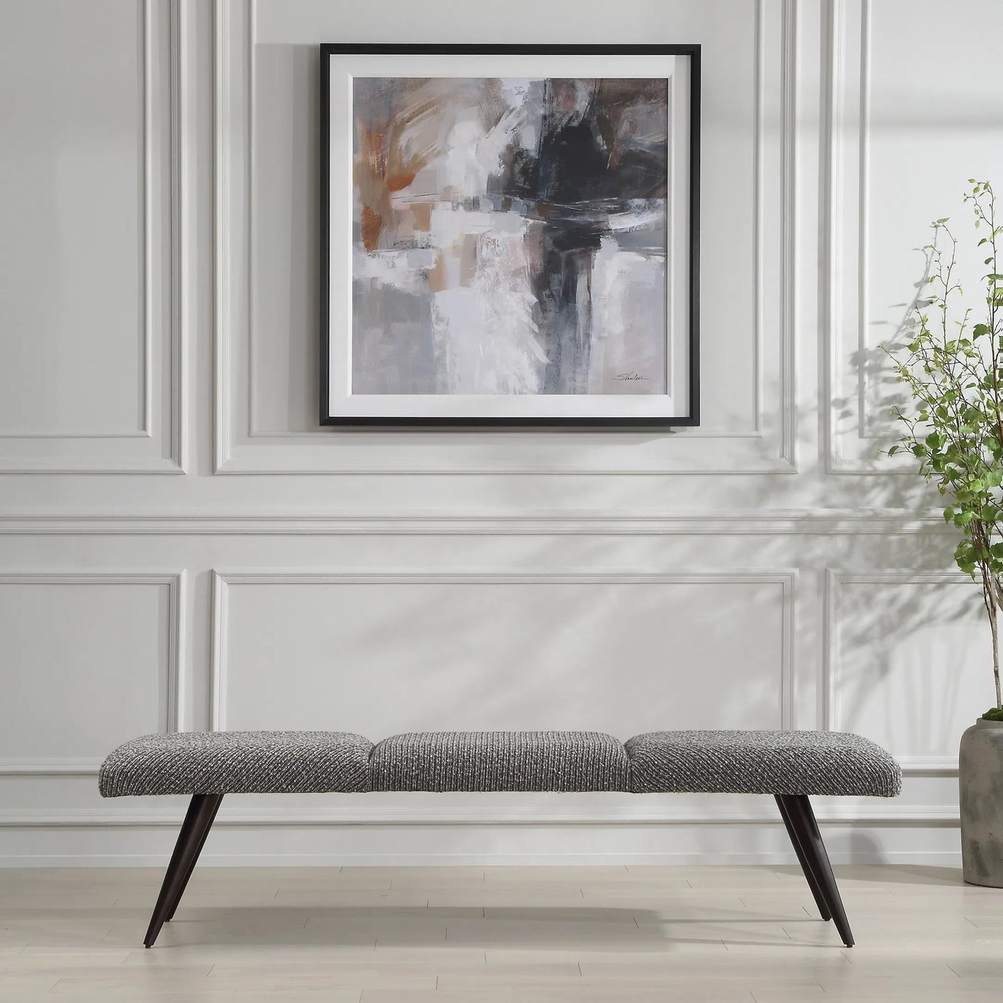 001 SI-2262274 | Lifestyle | Bowtie Fabric Bench by Uttermost in bronze. Made from metal, hardwood, plywood, foam, fabric in a transitional style.