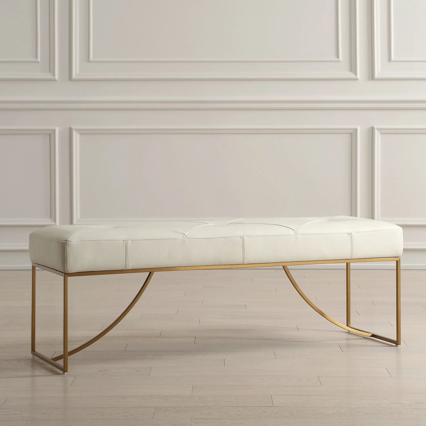 006 SI-2262269 | Lifestyle | Swale Leather Bench by Uttermost in brass. Made from stainless steel, plywood, foam, leather in a unique style.