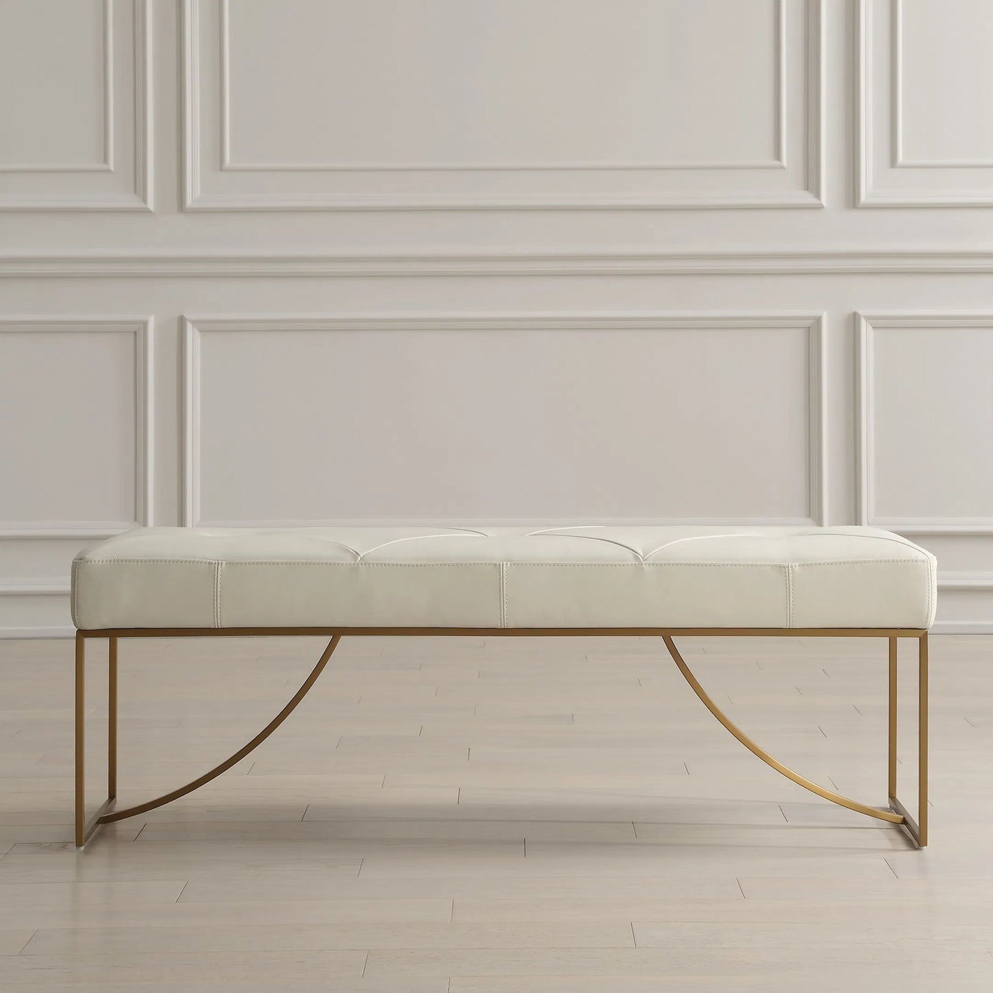 005 SI-2262269 | Lifestyle | Swale Leather Bench by Uttermost in brass. Made from stainless steel, plywood, foam, leather in a unique style.