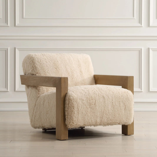 Jackson Sheepskin Accent Chair by Uttermost in oak. Made from plywood, rubber wood, foam, fabric in a transitional style.