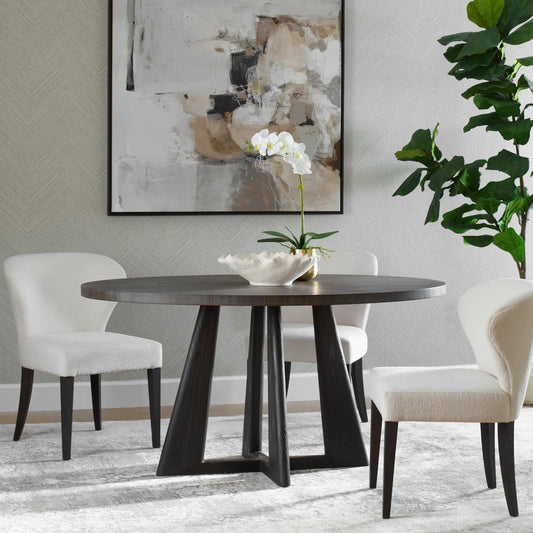 Pulsar Round Dining Table by Uttermost in dark walnut. Made from solid wood, mdf, plywood, veneer in a transitional style.