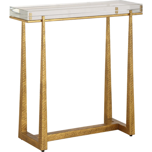 Midas Thick Accent Table by Uttermost in gold. Made from crystal, metal in a transitional style.