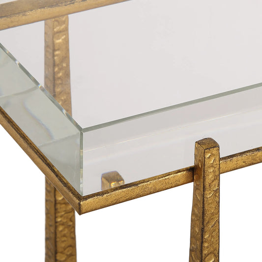 Midas Thick Accent Table by Uttermost in gold. Made from crystal, metal in a transitional style.