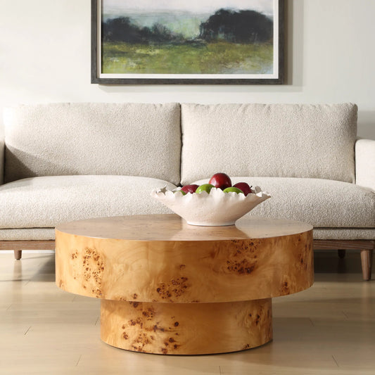 Knots Poplar Round Coffee Table by Uttermost in honey burl. Made from plywood, burl in a modern style.