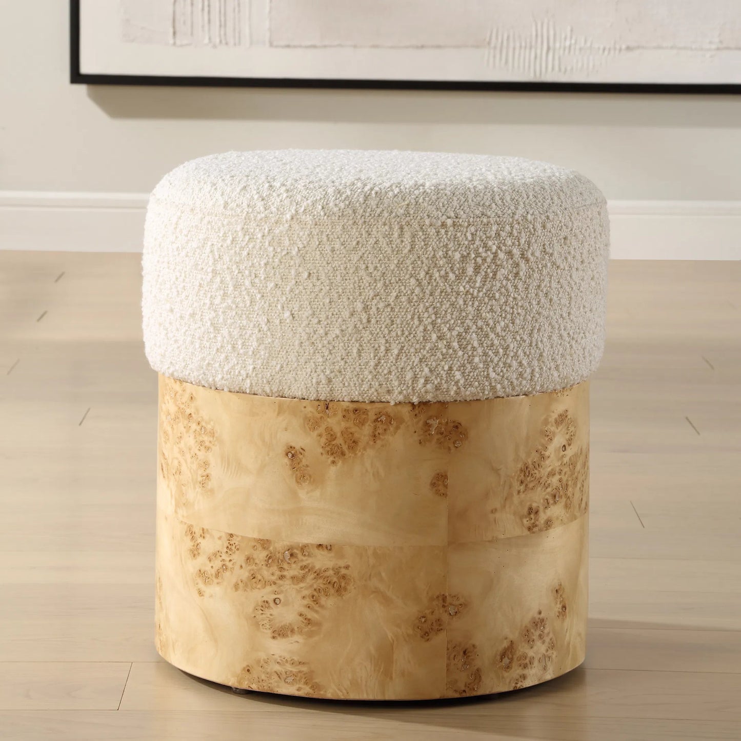 004 SI-2262292 | Lifestyle | Swirls Poplar Ottoman by Uttermost in ivory. Made from plywood,poplar burl, foam,fabric in a transitional style.