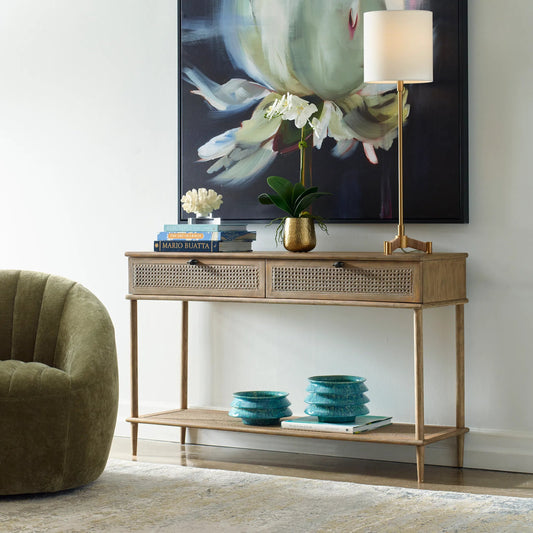 Coast Mid Century Console Table by Uttermost in dark. Made from mindi wood, mdf, mindi veneer, webbing in a traditional style.