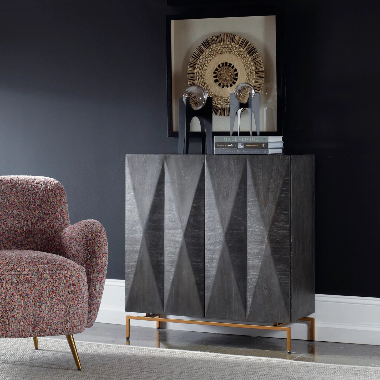 005 SI-2295247 | Lifestyle | Marico 2-Door Mindi Cabinet by Uttermost in gold. Made from mdf veneer mindi, mindi wood, metal leg in a traditional style.