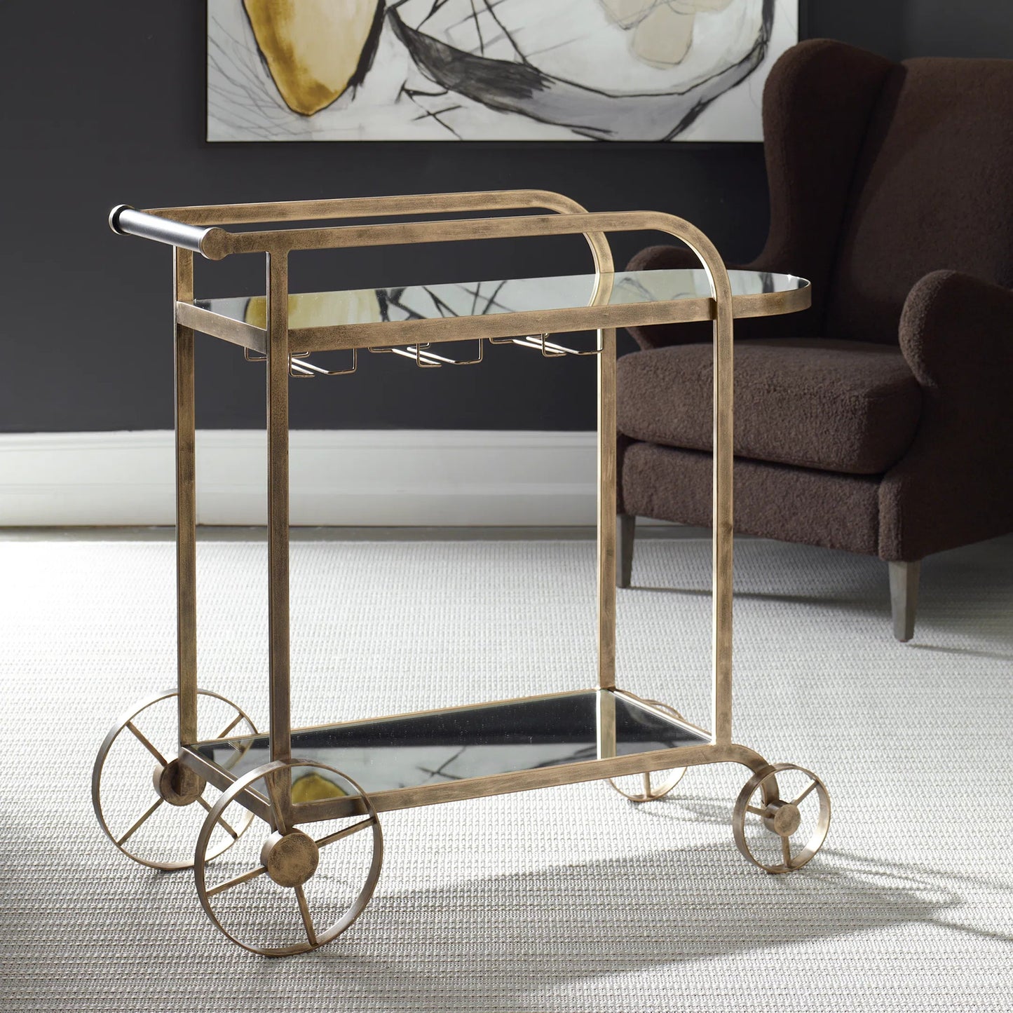 004 SI-2262505 | Lifestyle | Carrinho Antique Bar Cart by Uttermost in brass. Made from metal, mirror in a traditional style.