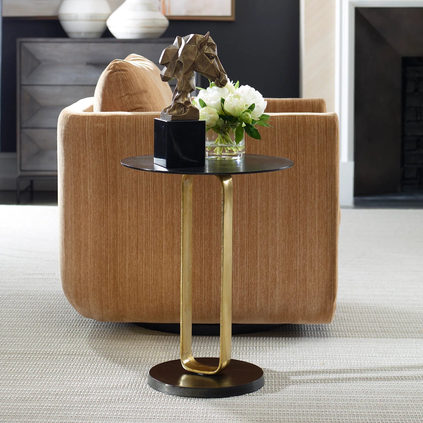 003 SI-2262501 | Lifestyle | Aperture Accent Table by Uttermost in brass. Made from aluminum in a unique style.