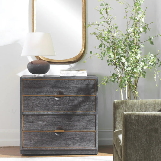 Besos 4-Drawer Chest by Uttermost in dark walnut. Made from oak wood, mdf, oak veneer, iron in a traditional style.