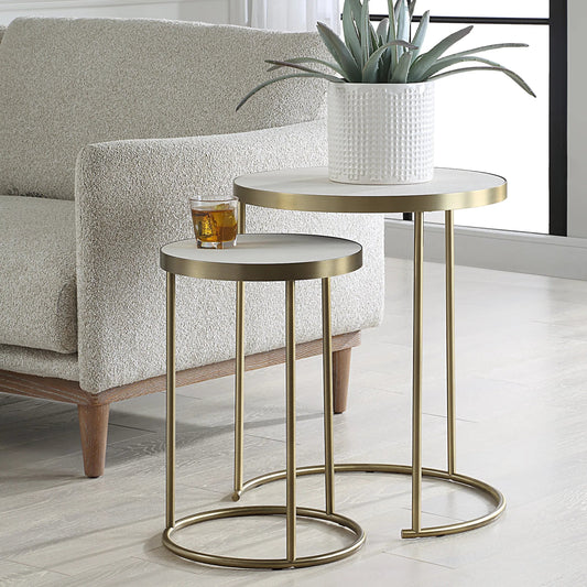 Aragon Nesting Tables (Set of 2) by Uttermost in brass, white shagreen. Made from metal, mdf, pu leather in a modern style.