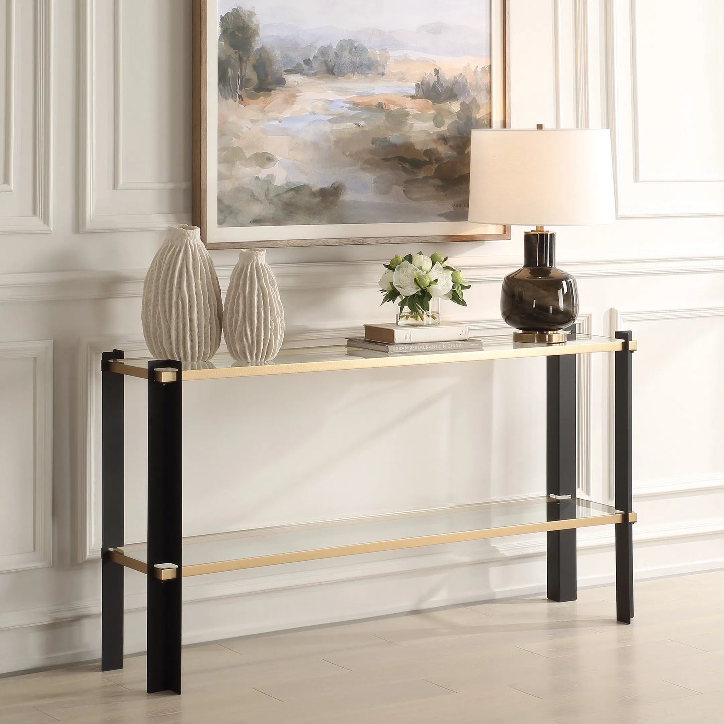 004 SI-2295366 | Lifestyle | Cunene Contemporary Console Table by Uttermost in gold leaf. Made from metal, glass in a modern style.