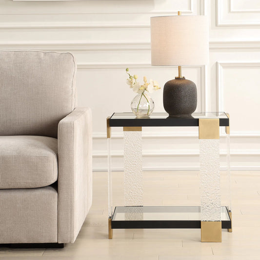 Bendena Modern Side Table by Uttermost in brass. Made from metal, glass, acrylic in a modern style.