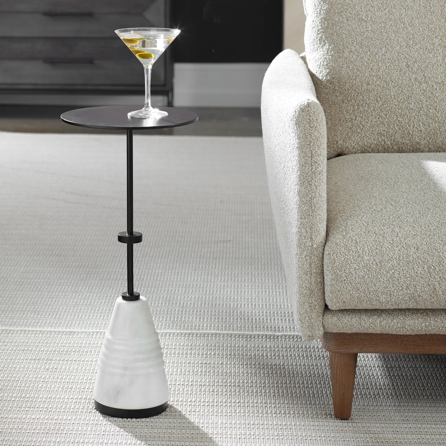 004 SI-2295355 | Unknown | Kincaid Drink Table by Uttermost in black. Made from iron, marble in a unique style.